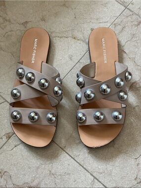 Marc Fisher Neutral Taupe Slide Sandals with Silver Studs